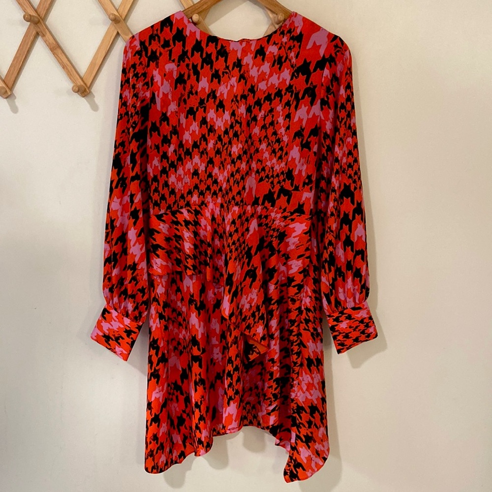 Topshop, houndstooth, pink & orange mini dress, long sleeve